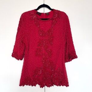 Vintage red sequin beaded embroidered 100% pure silk 3/4 sleeve blouse | Size XL